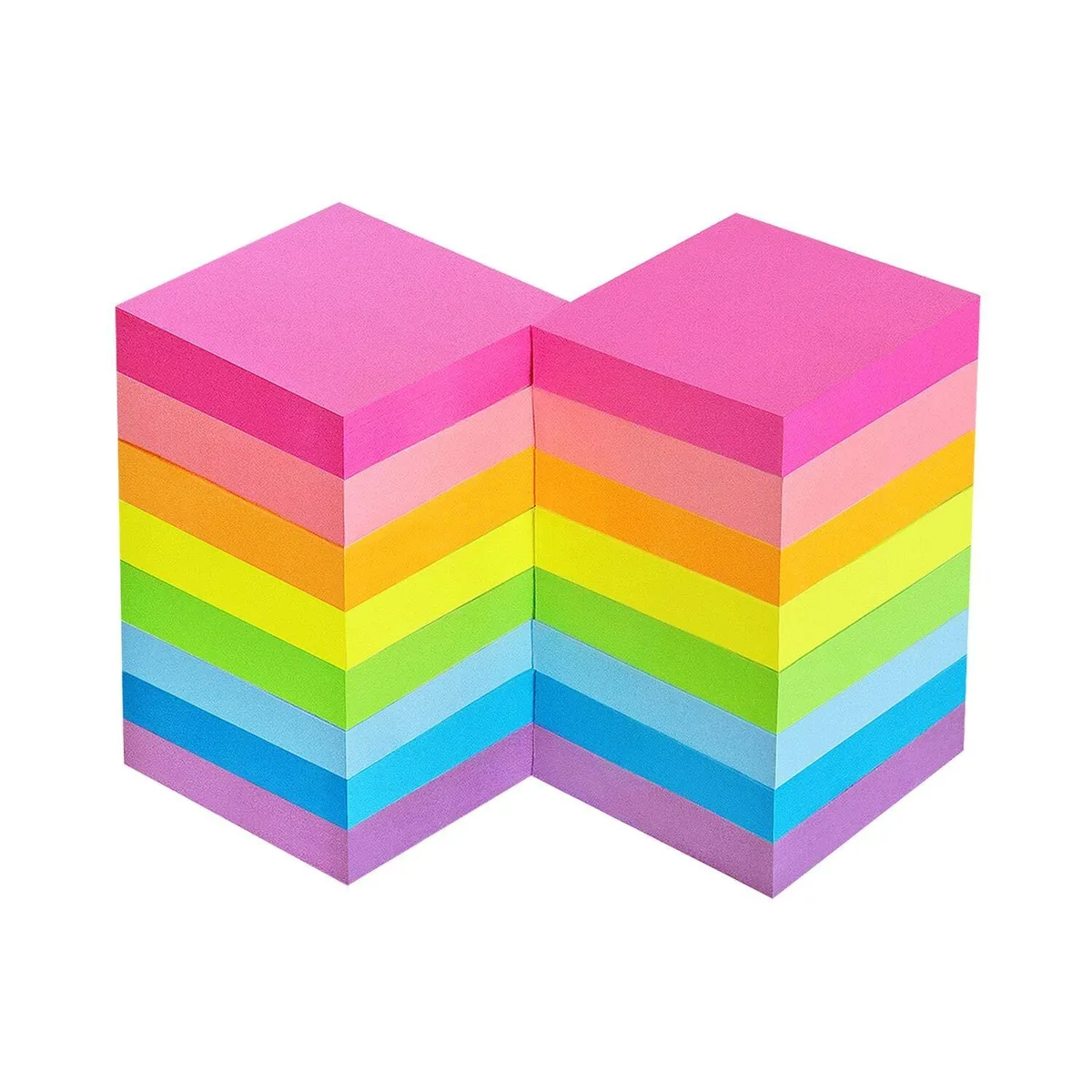Sixteen square pads of 2x2 inch sticky notes in bright colours, stacked together