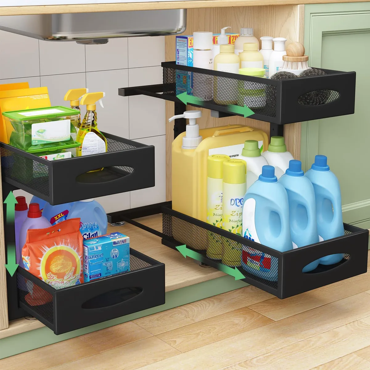 Two red plastic two-tier pull-out cabinet organizers with mesh sliding drawers