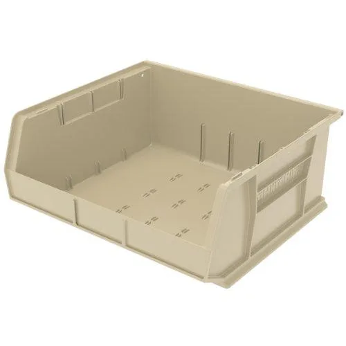 Beige plastic storage bin with molded label slots and divider channels