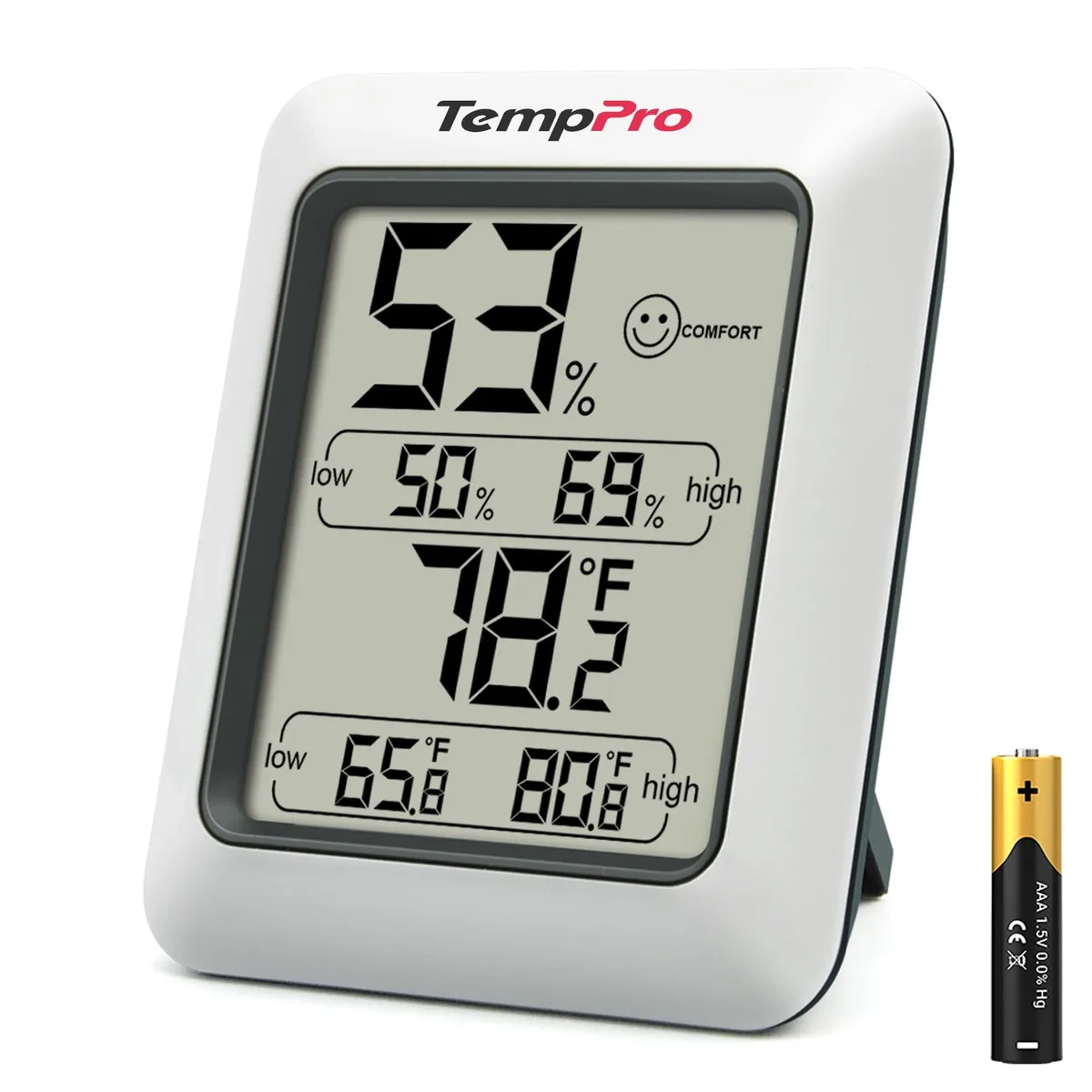 Black rectangular digital hygrometer thermometer with LCD display, tabletop stand and magnetic back