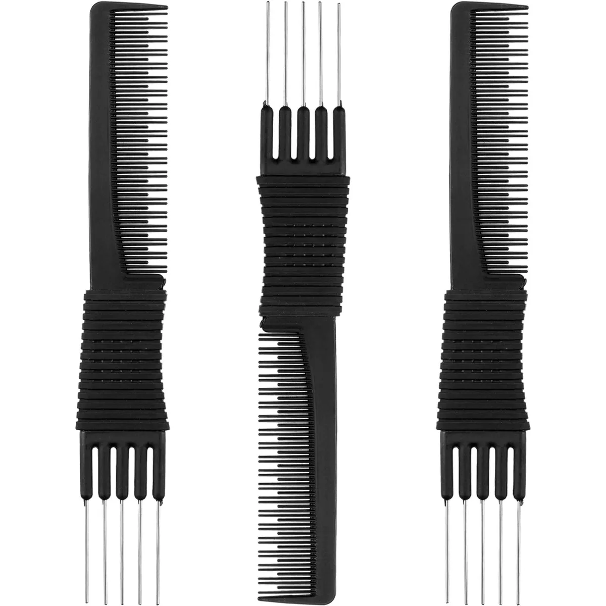 Three black carbon combs with metal prongs, lightweight and anti-static