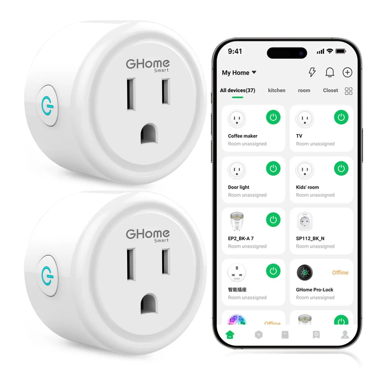 White rectangular smart plug with three outlets, 2.1 by 2.1 by 1.1 inches