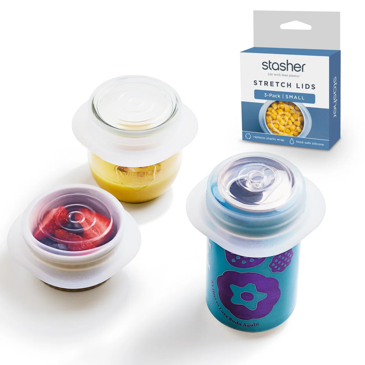Three clear round silicone stretch lids, 2.5 inch diameter, with pull tabs