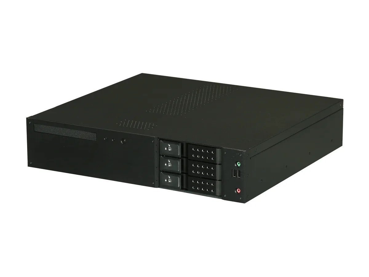 Black 2U rackmount chassis with aluminium front bezel and three hot-swap drive bays
