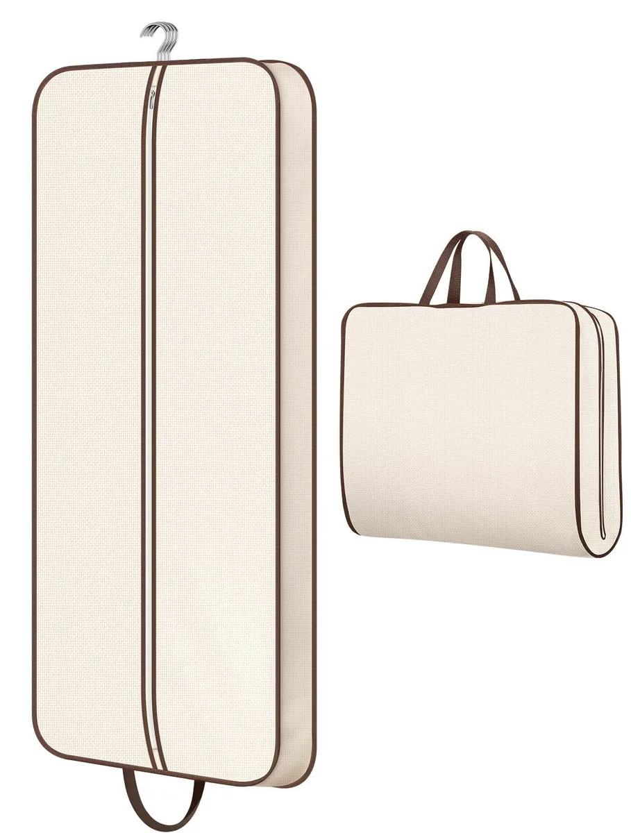 Beige garment bag, 60 inches long, folds to 30 inches, Oxford fabric