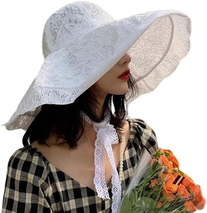 Women Sun Hat Wide Brim Lace Black 56-58 cm — product photo