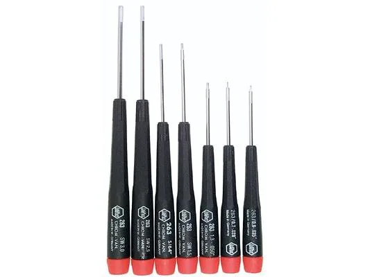 Seven black-handled precision hex nut drivers with round shanks in a set
