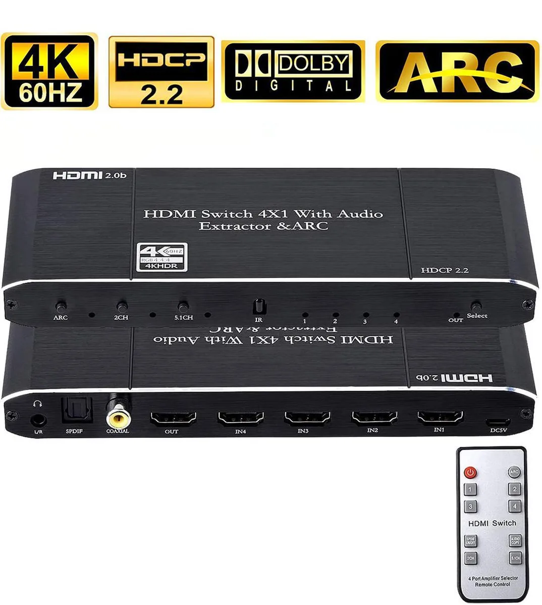 WRIARICH WRIARICH OZQ9 4x1 HDMI 2.0 4K 60Hz Switch ARC Audio Extractor IR Remote — product photo