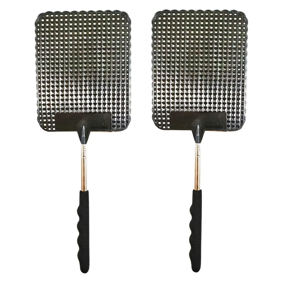 Two black telescopic fly swatters with stainless steel poles and plastic heads
