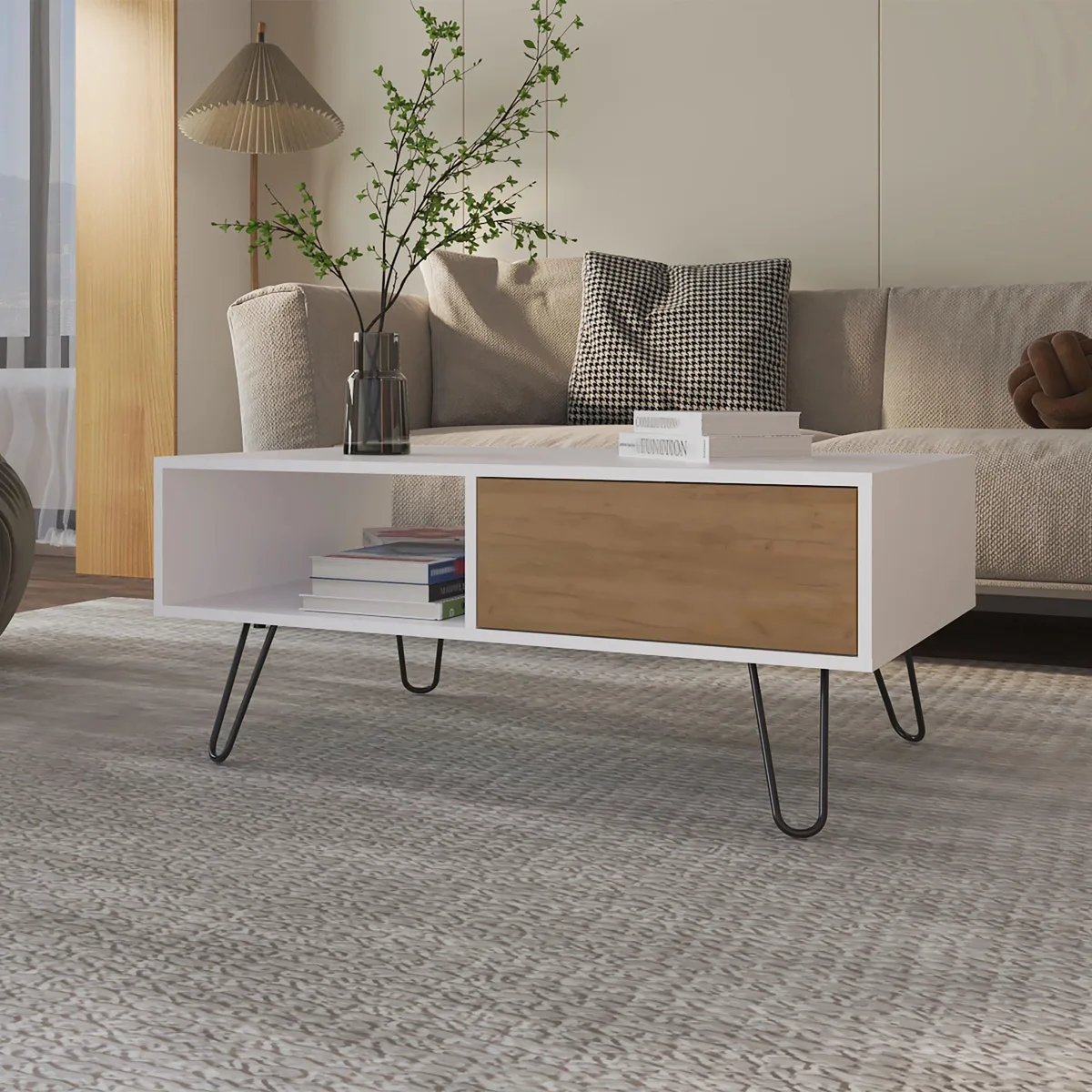 tuphen tuphen White Natural Oak Coffee Table 1 Drawer Hairpin Legs — product photo