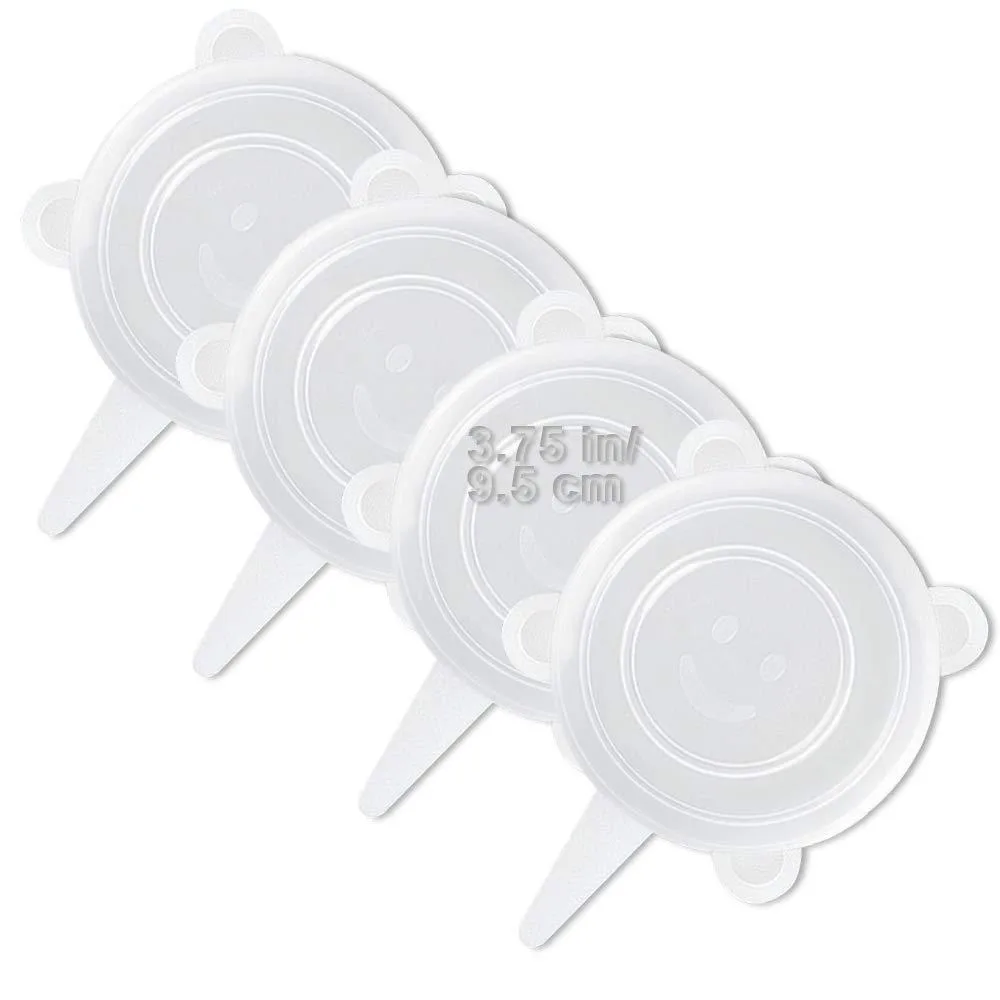 Four clear round silicone stretch lids, 9.5 cm diameter, flat stack