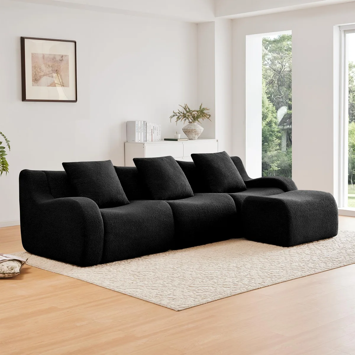 Three-seat black teddy fabric sofa with curved armrests