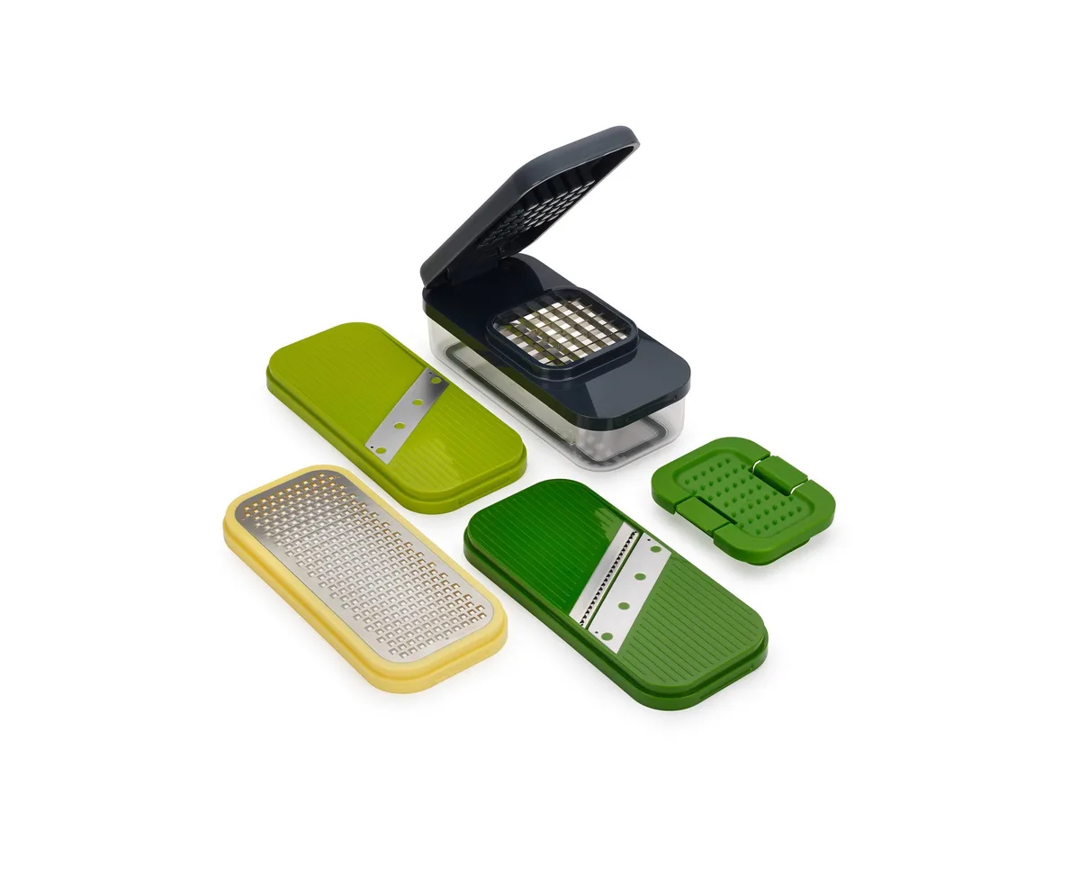 Blue compact 4-in-1 food prep set with container base and interchangeable stainless steel blades