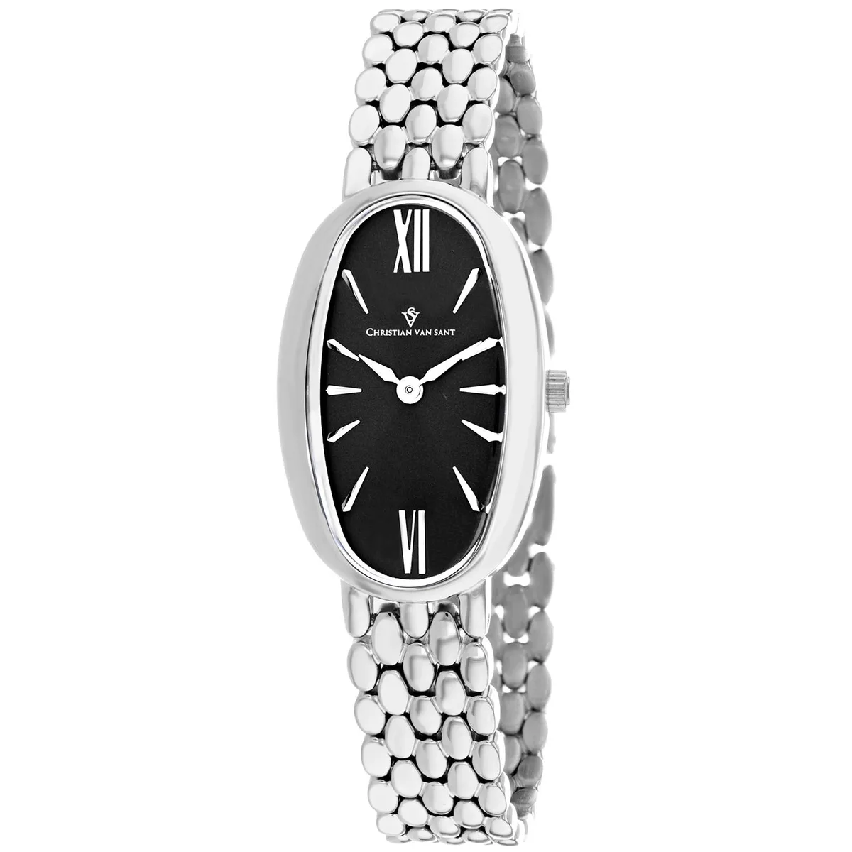 Silver stainless steel watch with black dial and metal bracelet