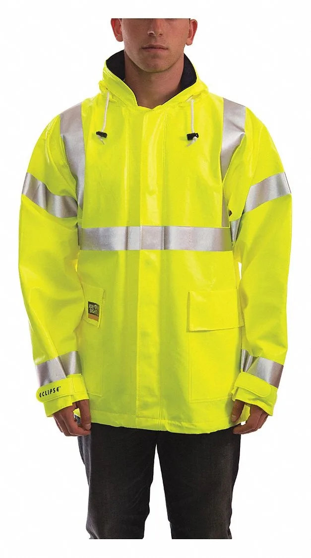 Yellow and green arc flash rain jacket with reflective tape and zipper closure