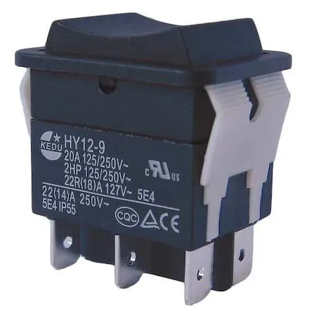 Black rocker switch DPDT six quick-connect tabs rectangular body mounting hole 0.870 x 1.160 in