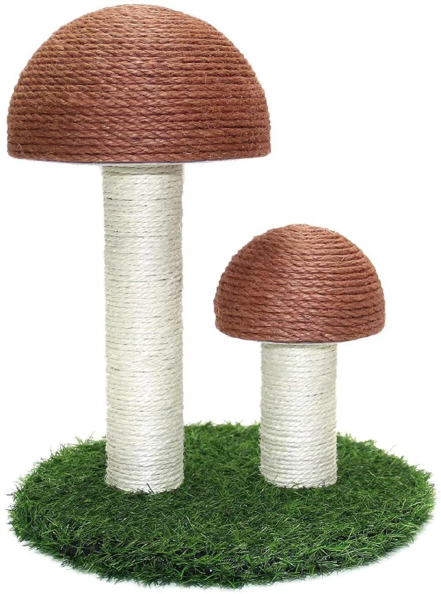 Mushroom-shaped cat scratching post in brown felt, rope and artificial turf, 14 by 12 by 12 inches