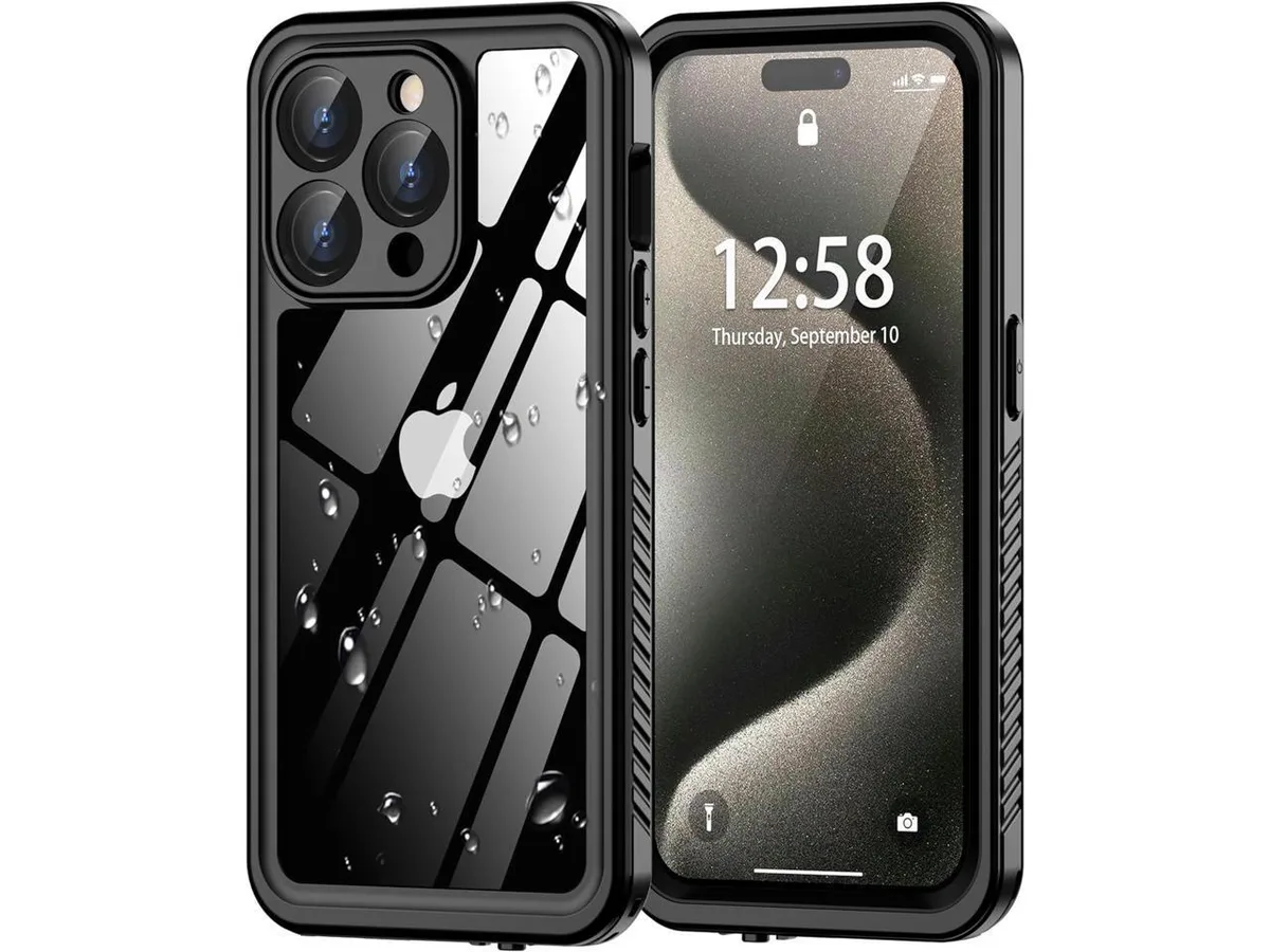 Black rugged iPhone 15 Pro Max case with transparent back and built-in screen protector