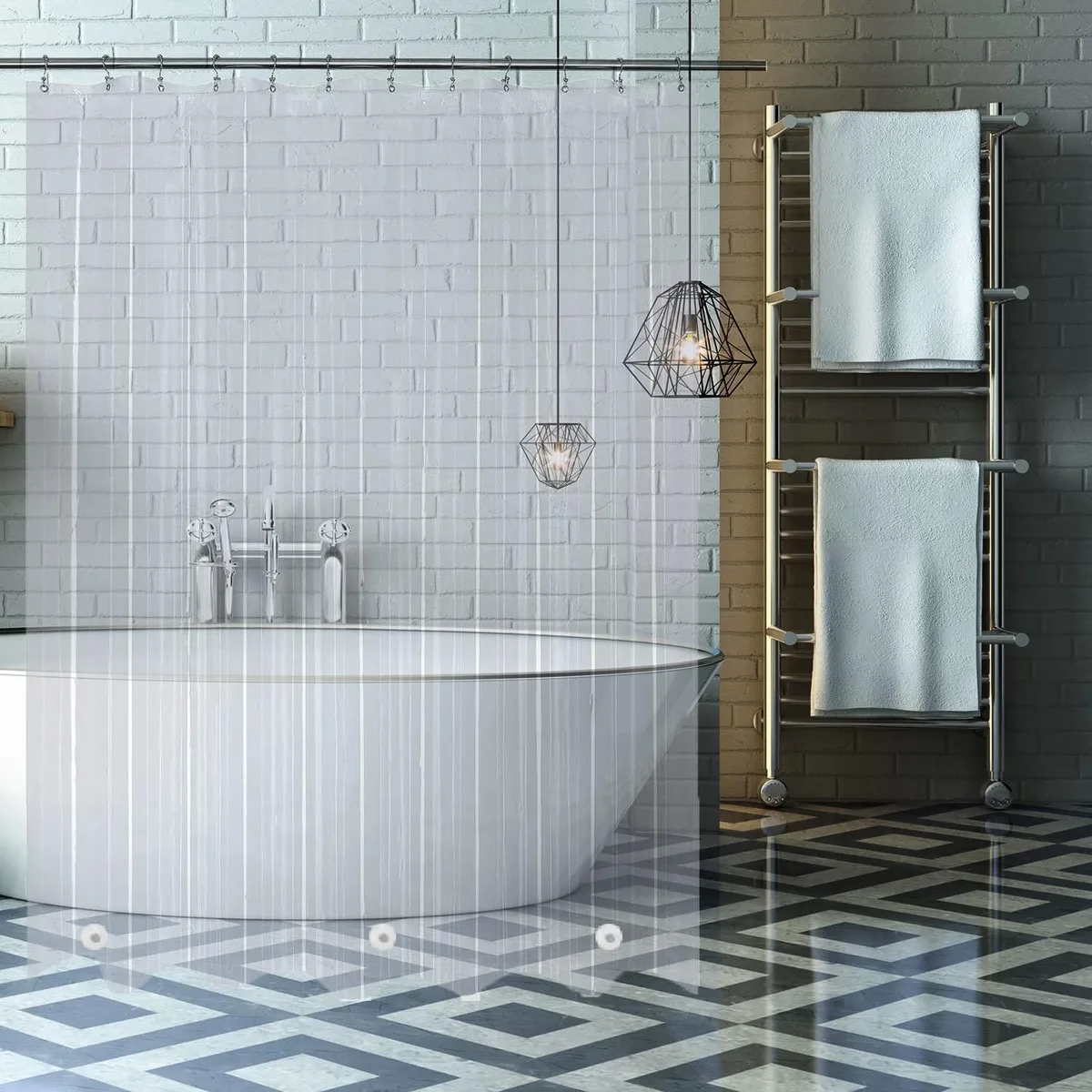 Clear PEVA shower curtain liner 72x72 inches with three magnetic weights and metal grommets