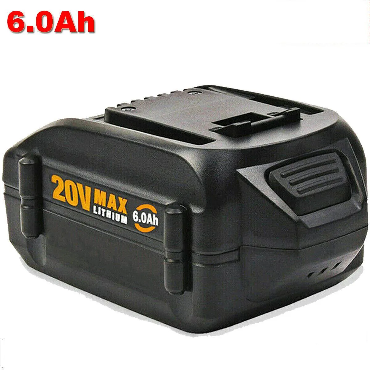 Rectangular black lithium-ion battery with 6.0 Ah label and slide-on contacts