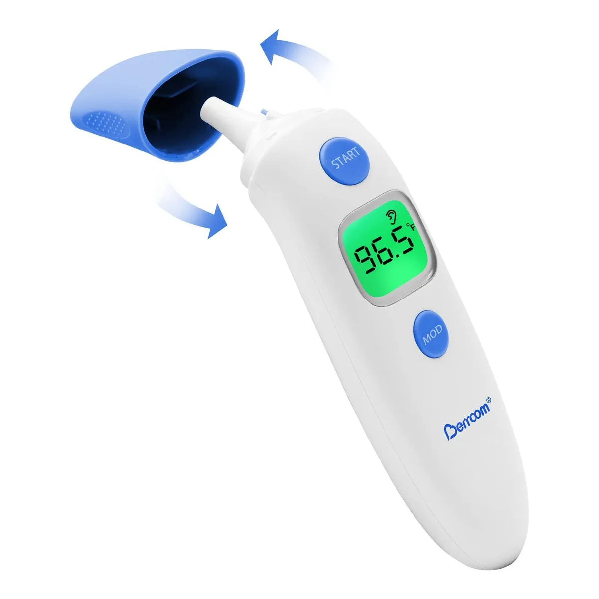 Blue digital thermometer with probe cover, handheld shape, matte finish