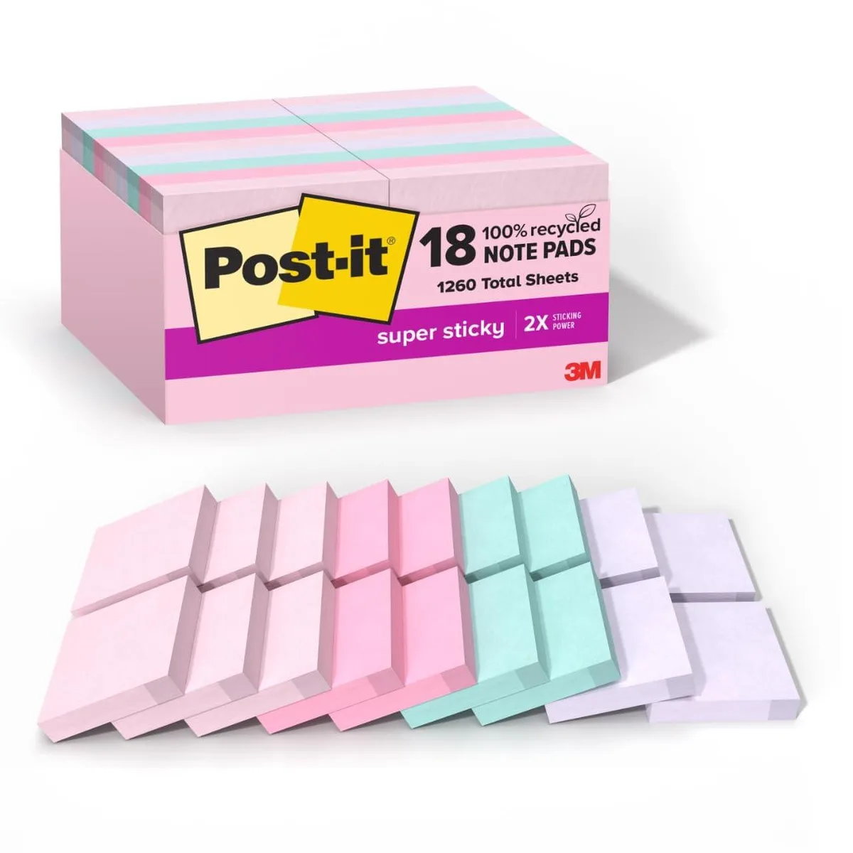 Eighteen square pads of pastel sticky notes in a cardboard box