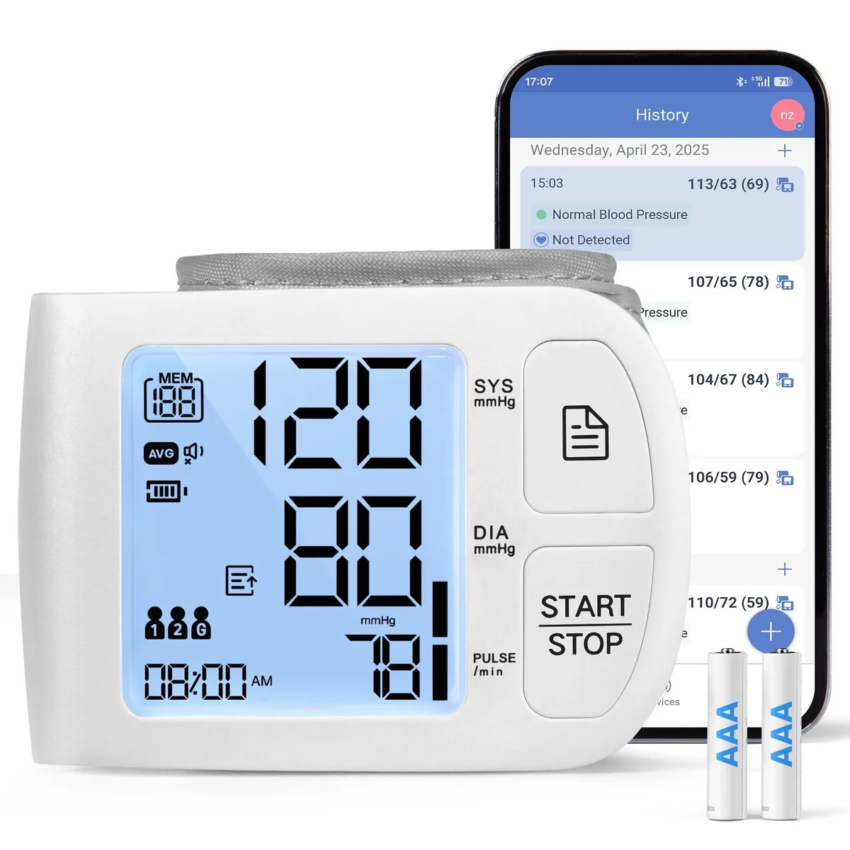  EC2WORLD TMB-2285-BT blood pressure monitor 199 readings wrist cuff 5.31-8.46 inch — product photo