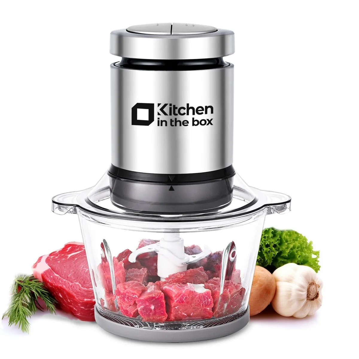 Compact white food processor with glass bowl and stainless blades
