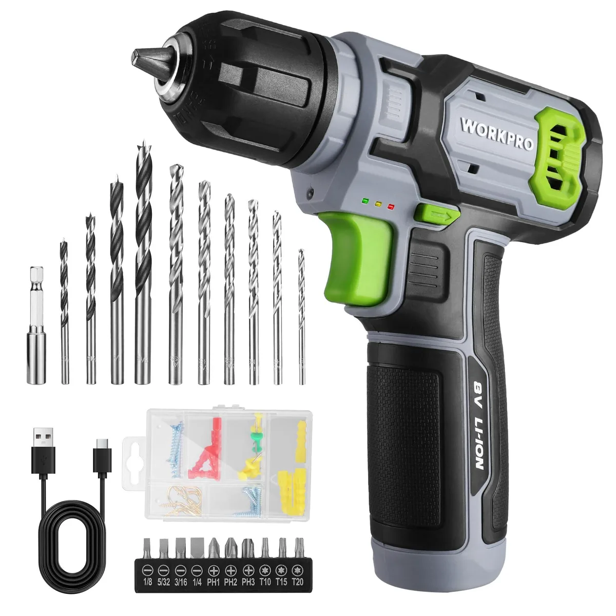 WORKPRO 8V cordless drill set with 53-piece accessory kit in tool bag