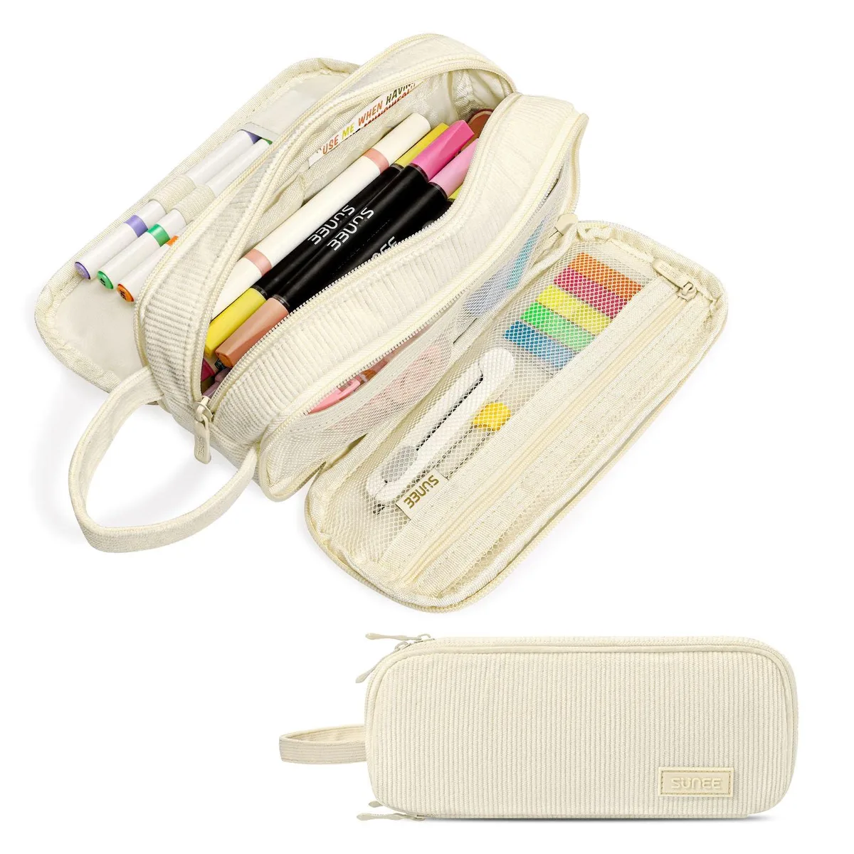 Beige corduroy pencil case with three zippered compartments