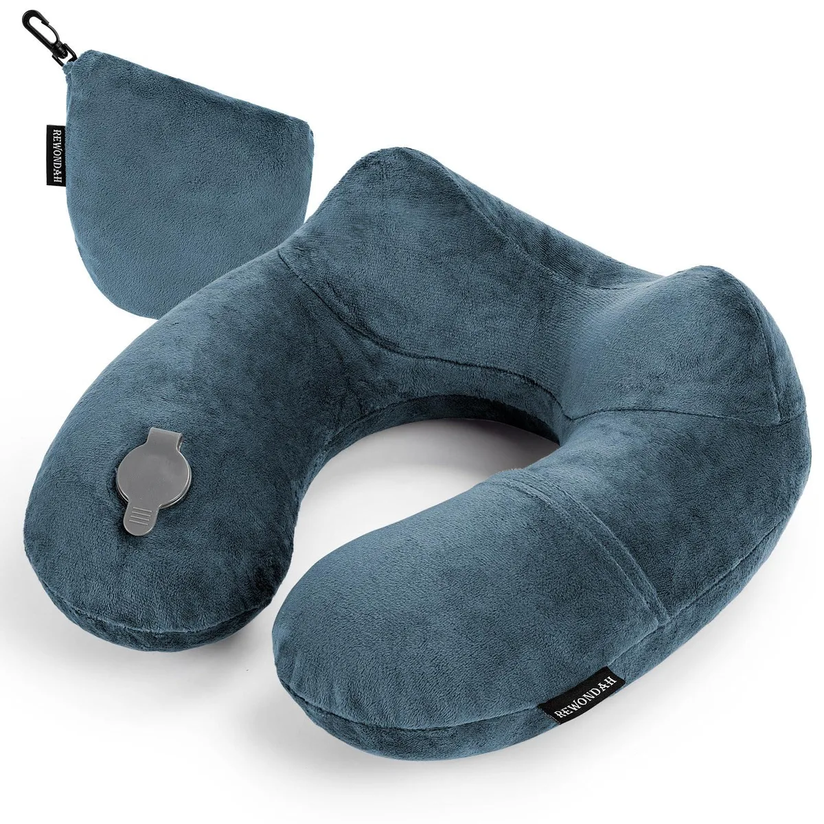 Grey inflatable M-shaped travel neck pillow with soft velour cover