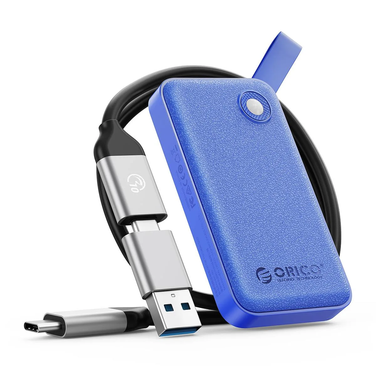 Blue leather-textured portable SSD with silicone strap