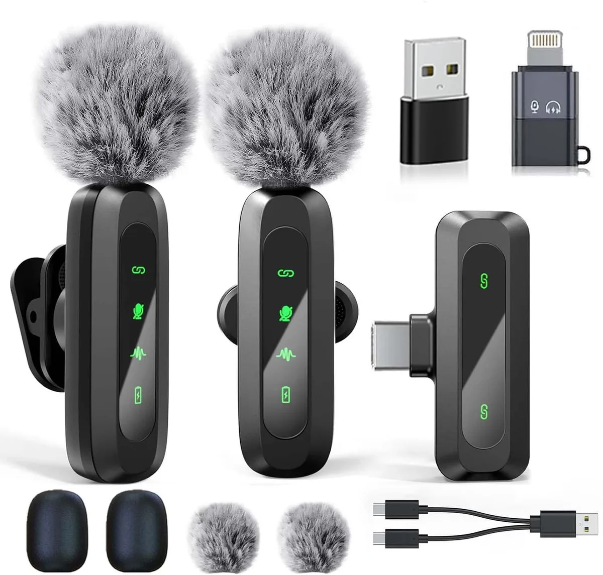  figifidia J23 Wireless Lavalier Microphone 2 Pack USB-C Lightning 30m Range — product photo
