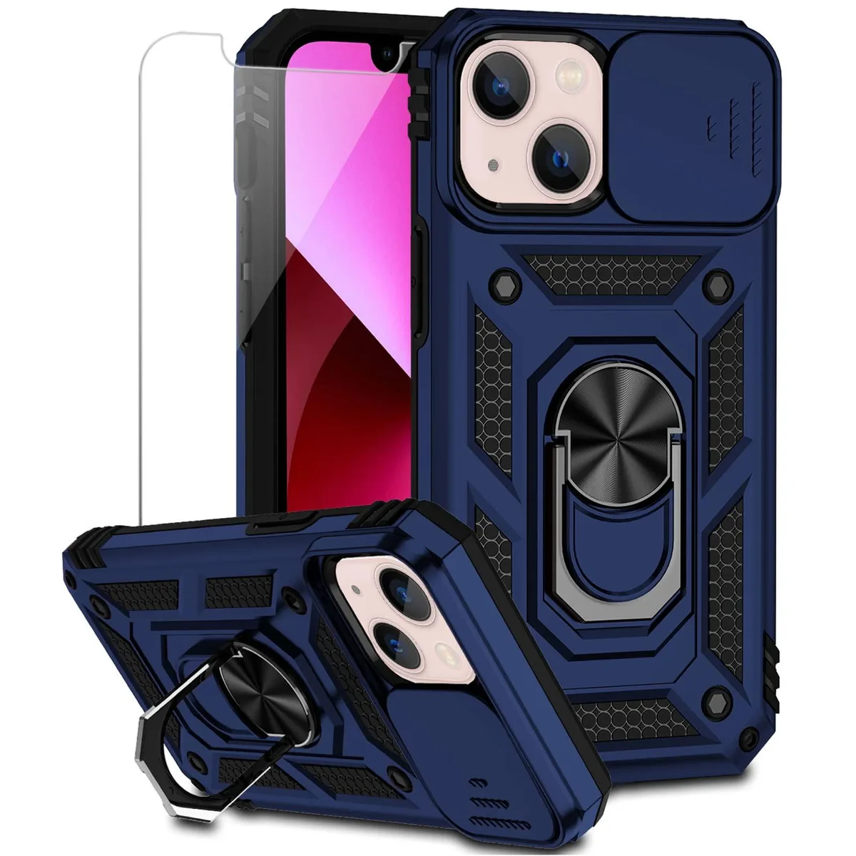  Apple iPhone 13 Case Navy Blue 6.1" 2021 Slide Cover Ring Stand cell phones - unlocked — product photo