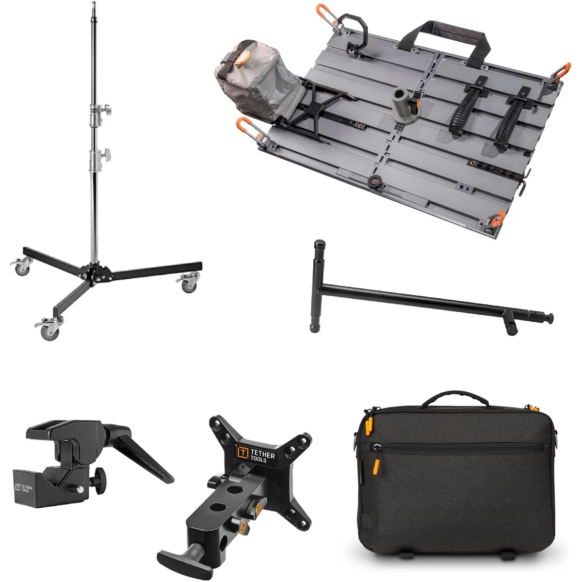 Anodized aluminium workstation plate folded flat with baby ballhead adapter and VESA monitor mount attached