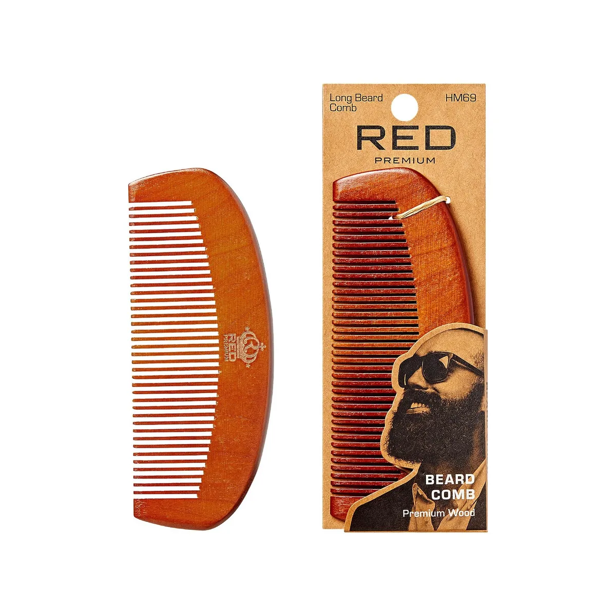 Natural wood beard comb with long handle and dual-sided teeth