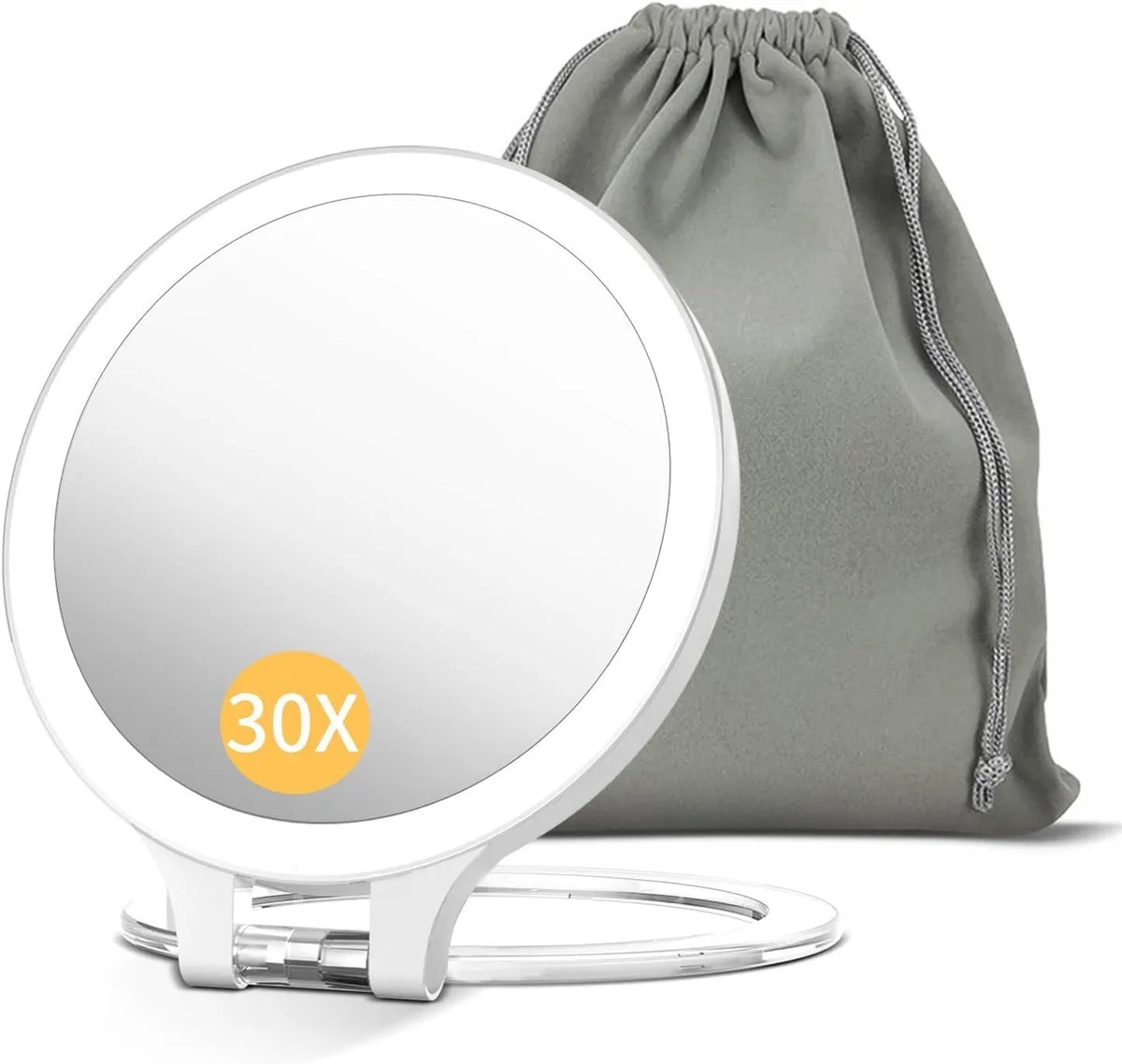 Round white acrylic double-sided mirror with 72 LEDs and touch control, shown with travel bag