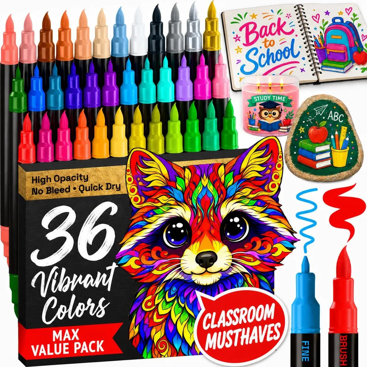 Set of 36 dual-tip acrylic paint marker pens in multicolor finish