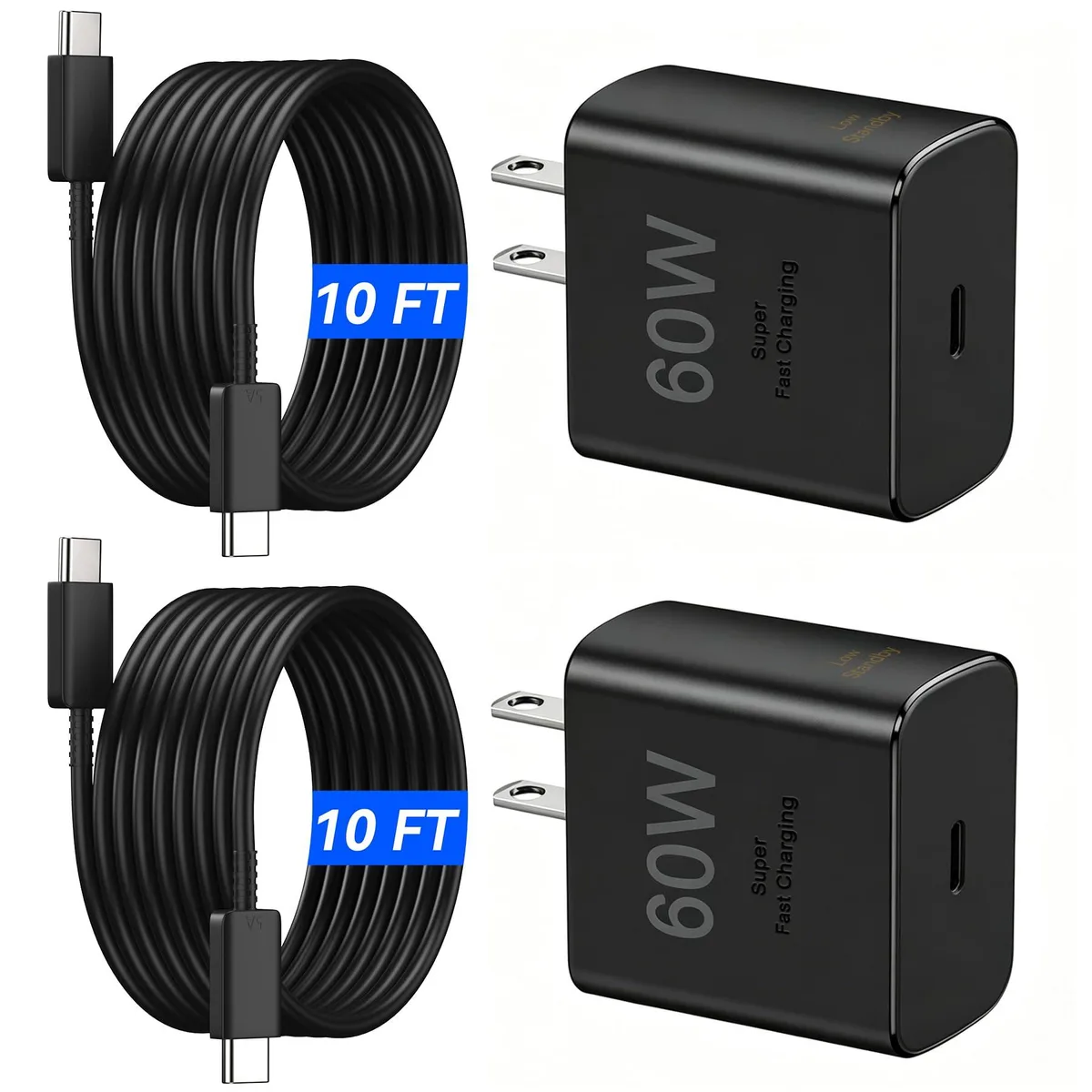 No Sew No Sew 60W USB-C Charger 2-Pack with 10ft Cables Black — product photo
