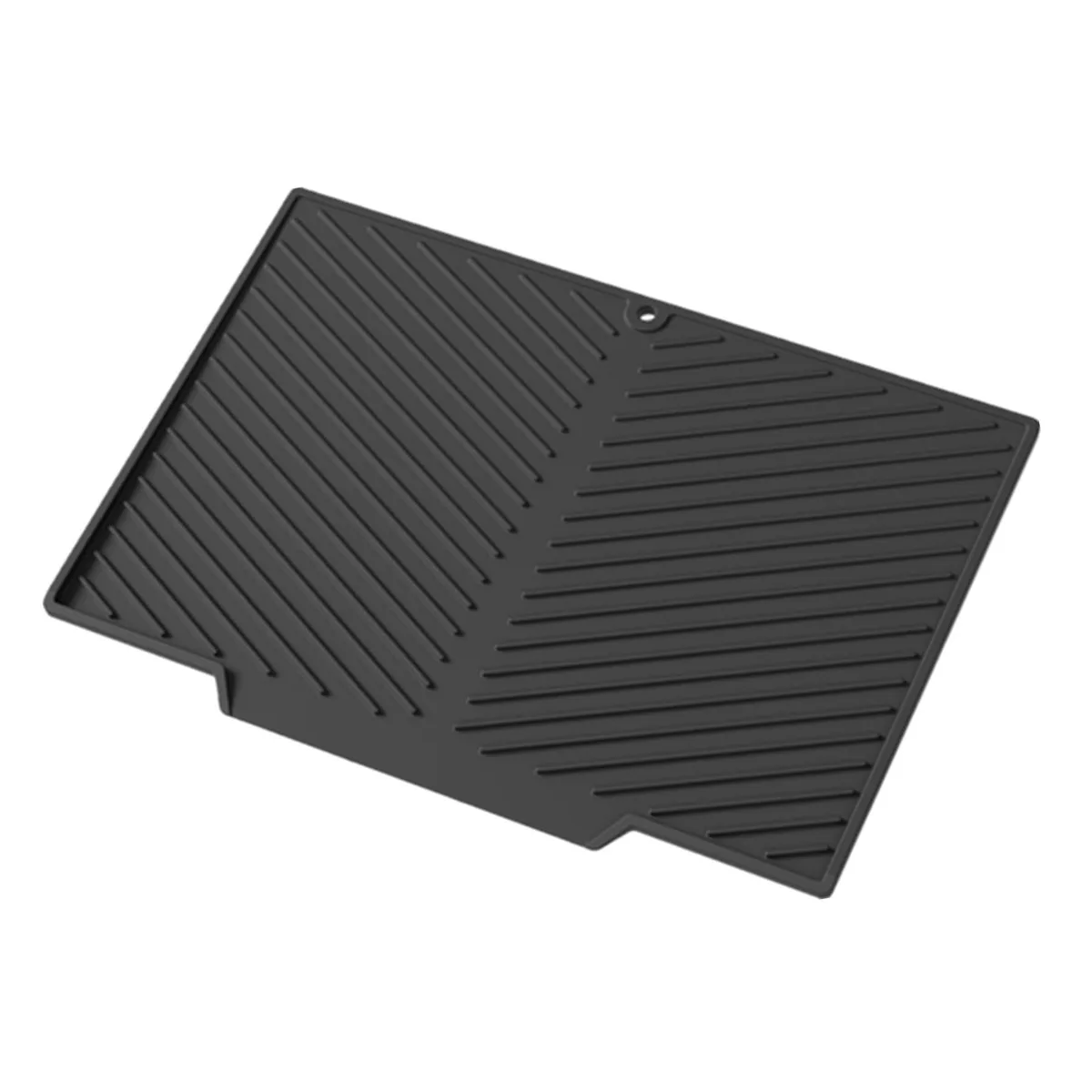 Black rectangular silicone drying mat with raised ridges, tall sidewalls and a pour spout, 14.6 by 10.3 inches