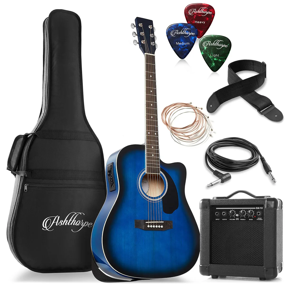 Ashthorpe Ashthorpe 41" Dreadnought Cutaway Acoustic-Electric Guitar Package with 10W Amp Blue — product photo