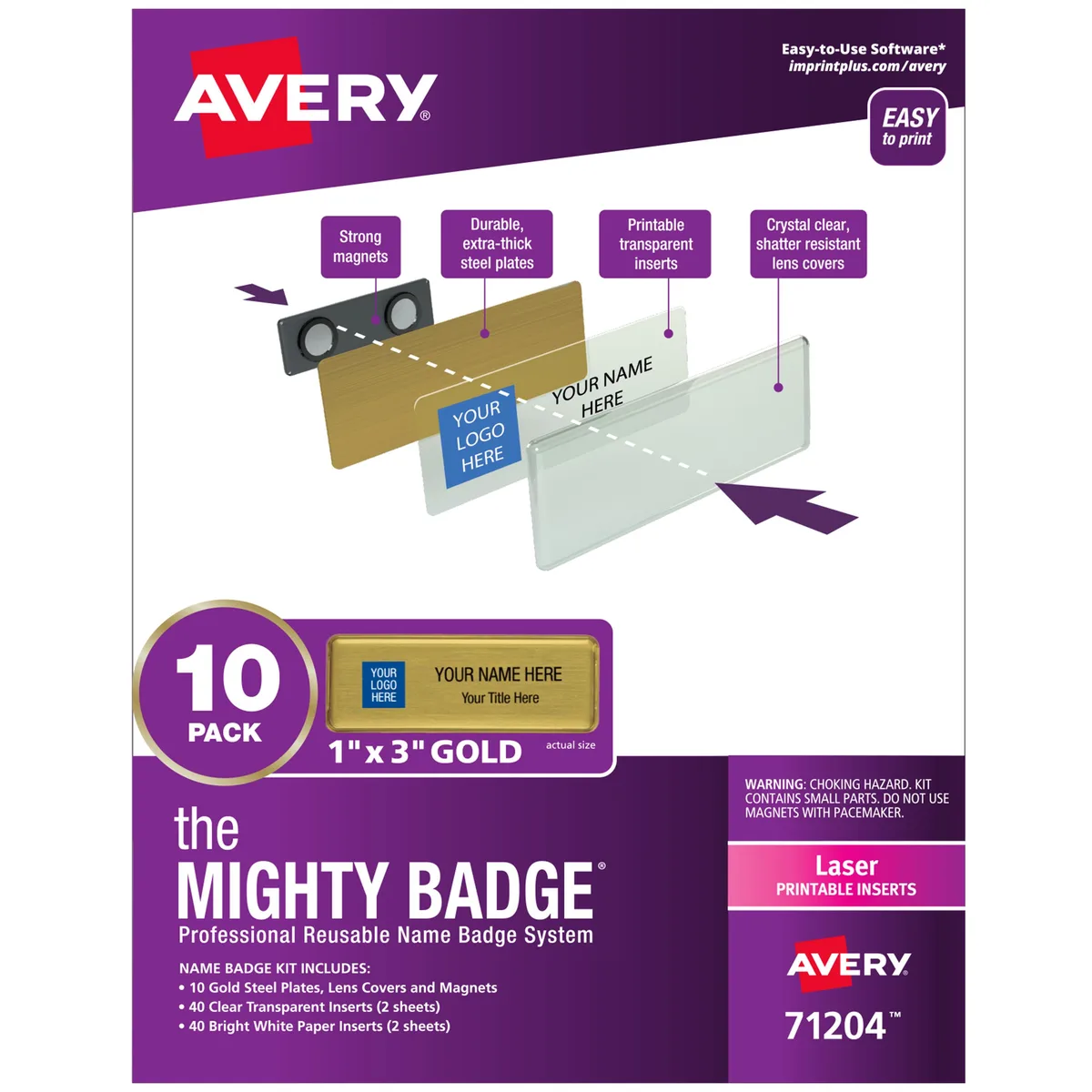 Avery Avery 71204 Mighty Badge Gold Kit 10 Name Tags 80 Laser Inserts — product photo