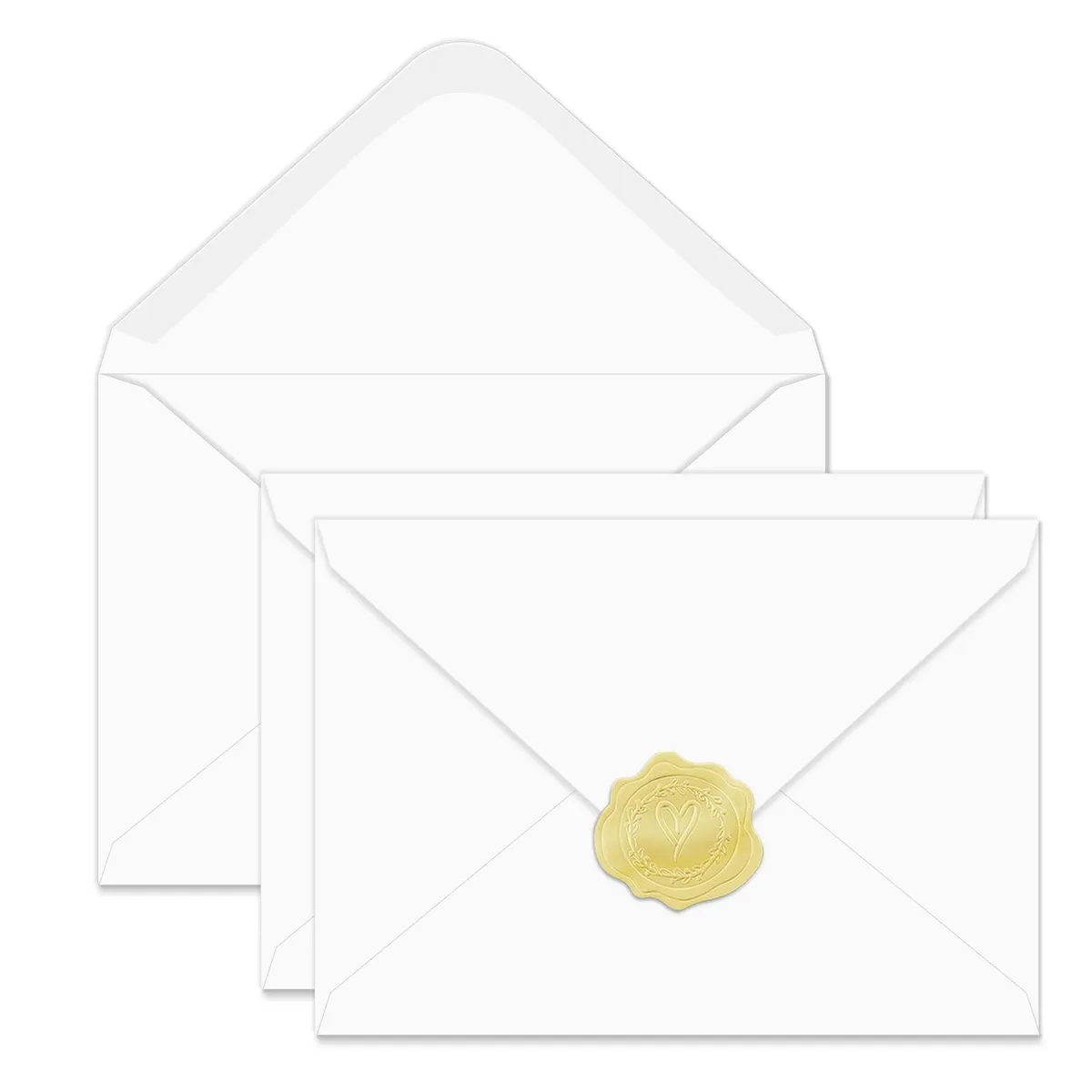 Stack of 30 white A6 V-flap envelopes with gold stickers