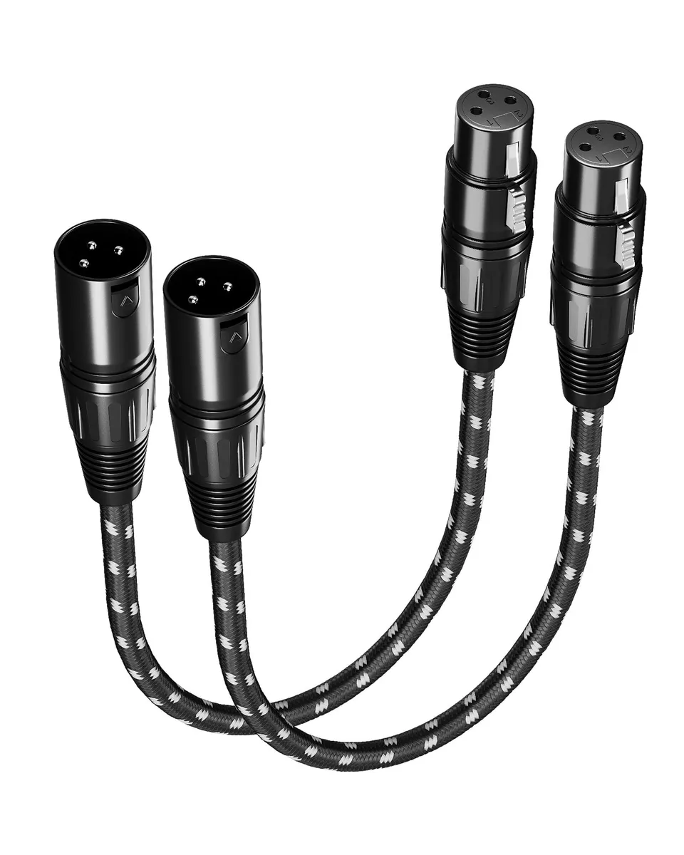 Two short black-and-white braided XLR cables with male-to-female connectors
