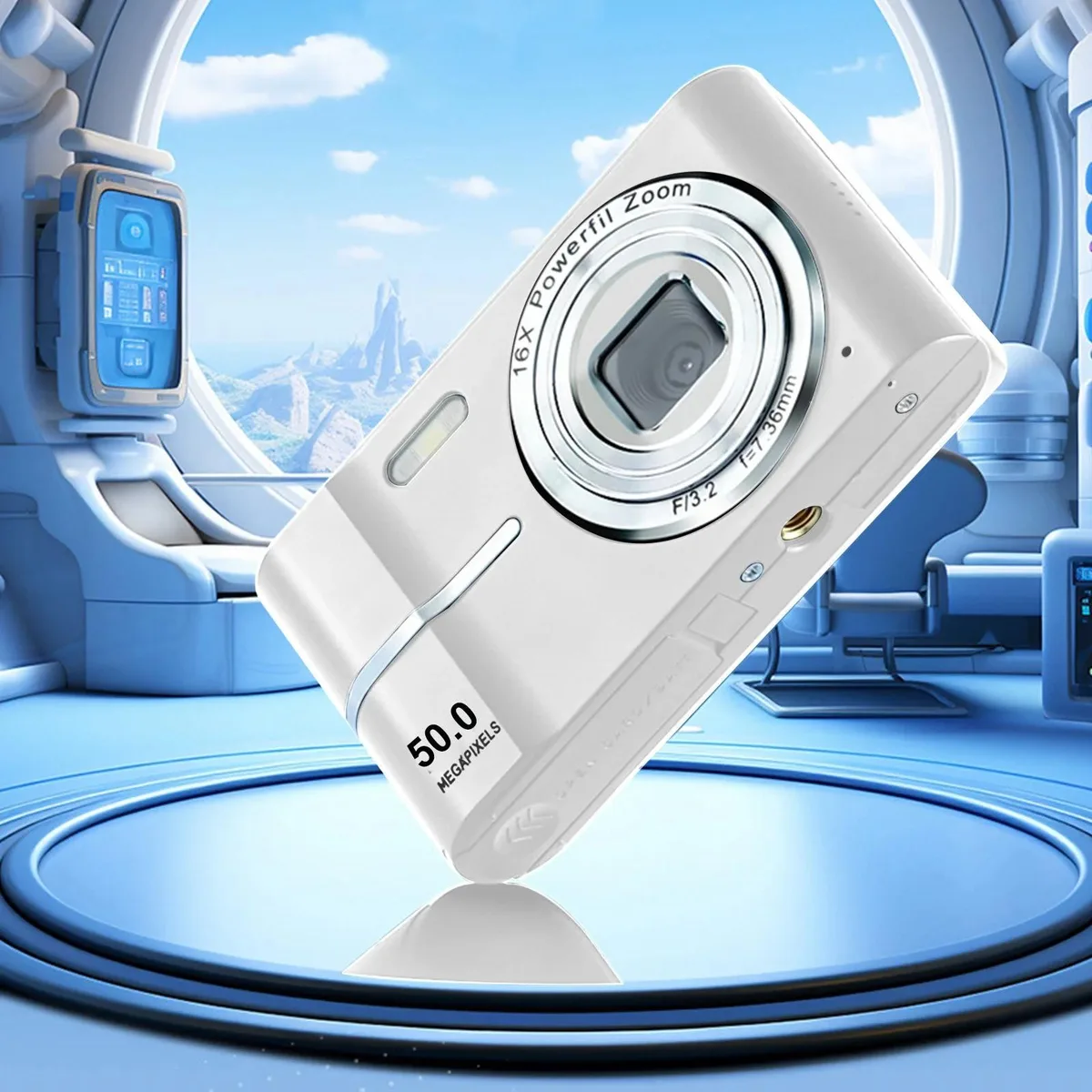 White compact point-and-shoot camera with 2.4 inch LCD screen