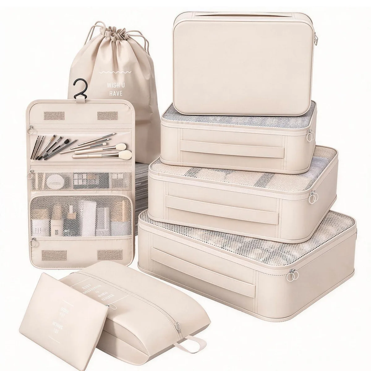 Eight grey rectangular polyester packing cubes with mesh panels and dual zippers