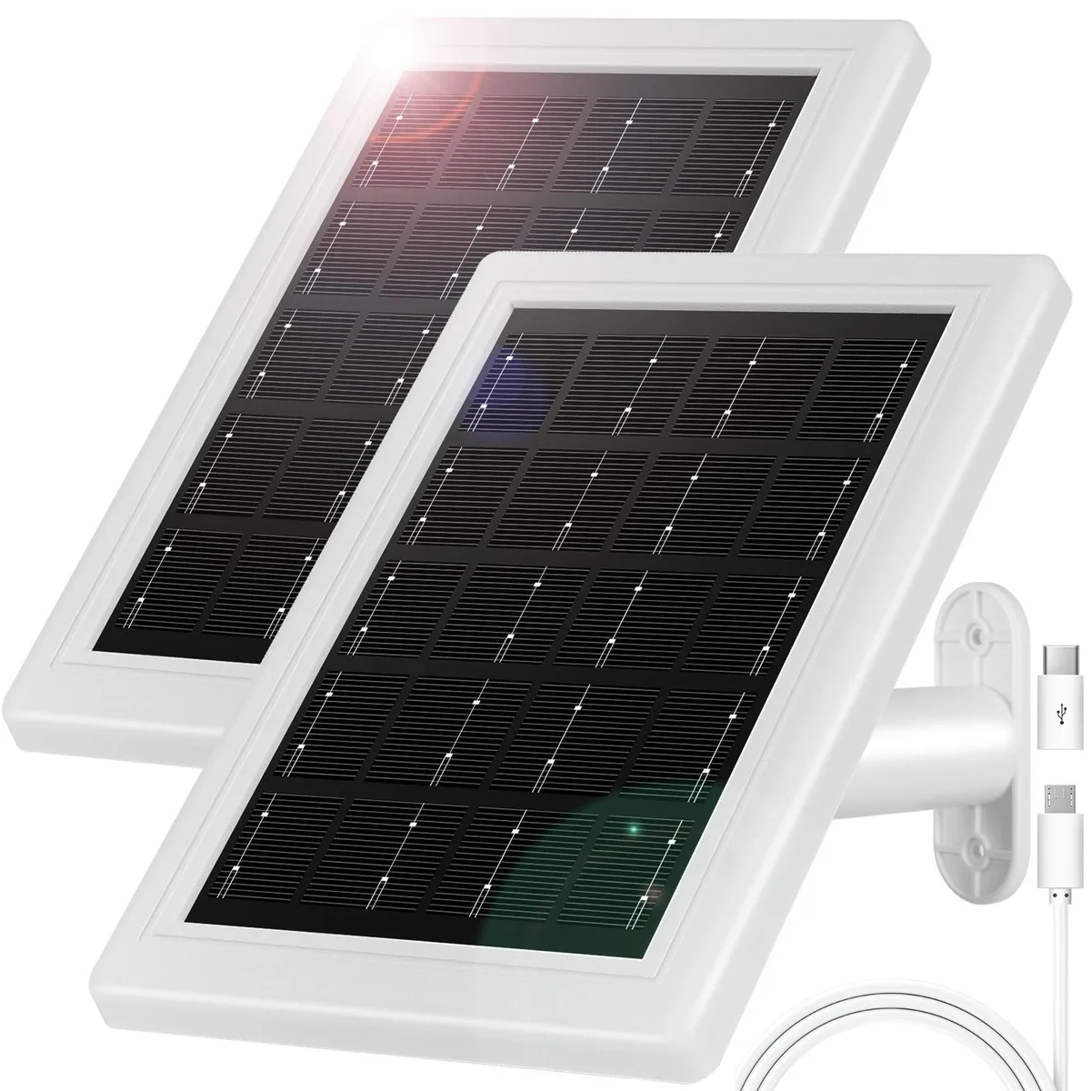 White rectangular solar panel with adjustable mount and long cable
