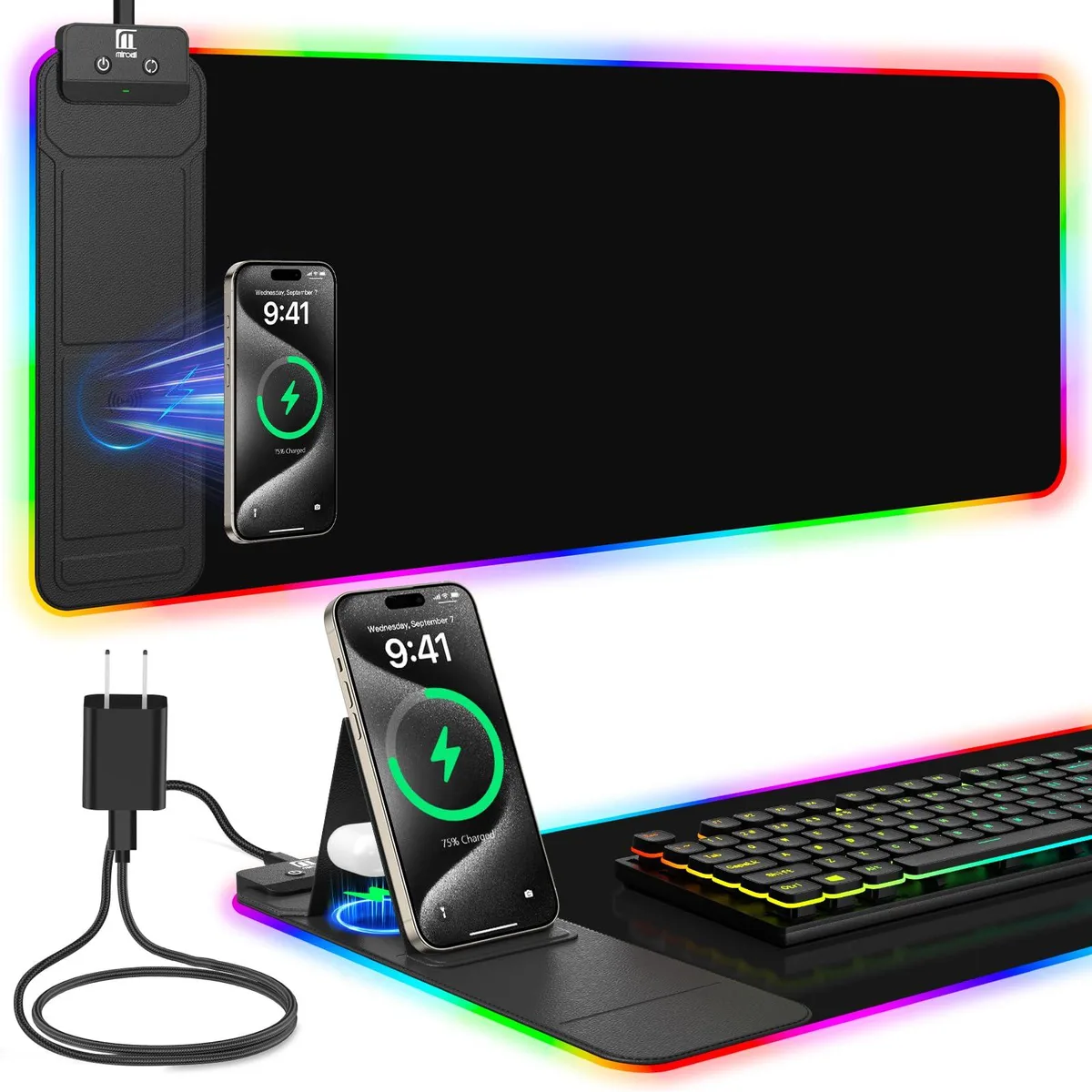  Miroddi 31.5x11.8" RGB Mouse Pad Dual Qi Charger Phone Stand — product photo