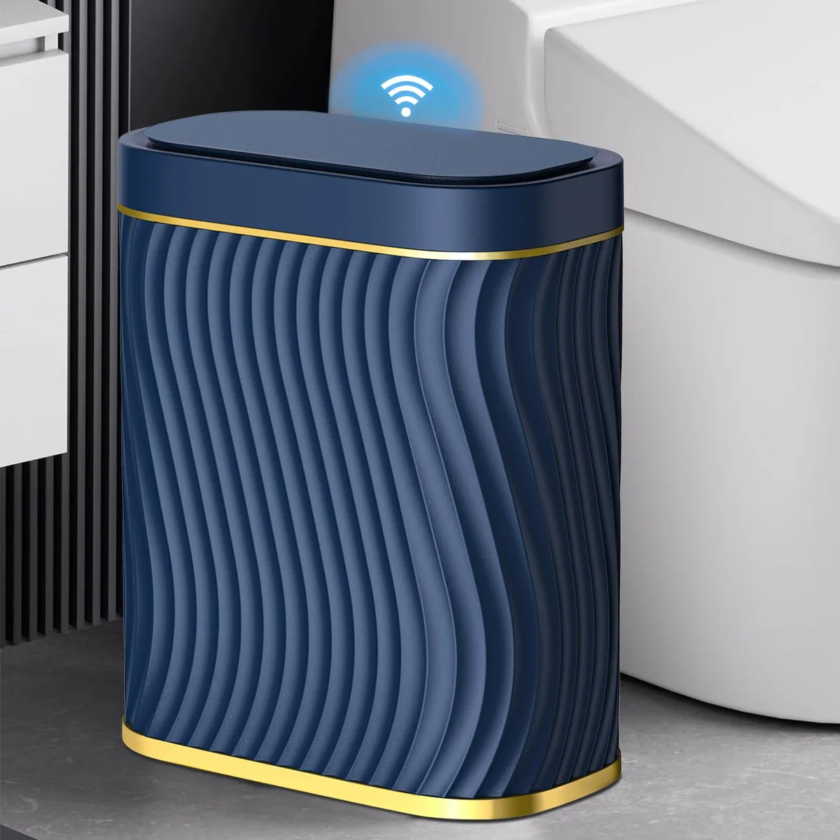 Three white oval touchless bins with wave texture and gold accent, 12.2 by 9.8 by 5.7 inches