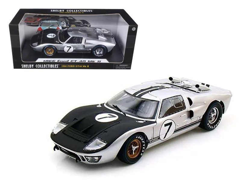 Shelby Collectibles Shelby Collectibles 1966 Ford GT-40 MK II #7 Silver 1/18 Diecast Car hobby collectible — product photo